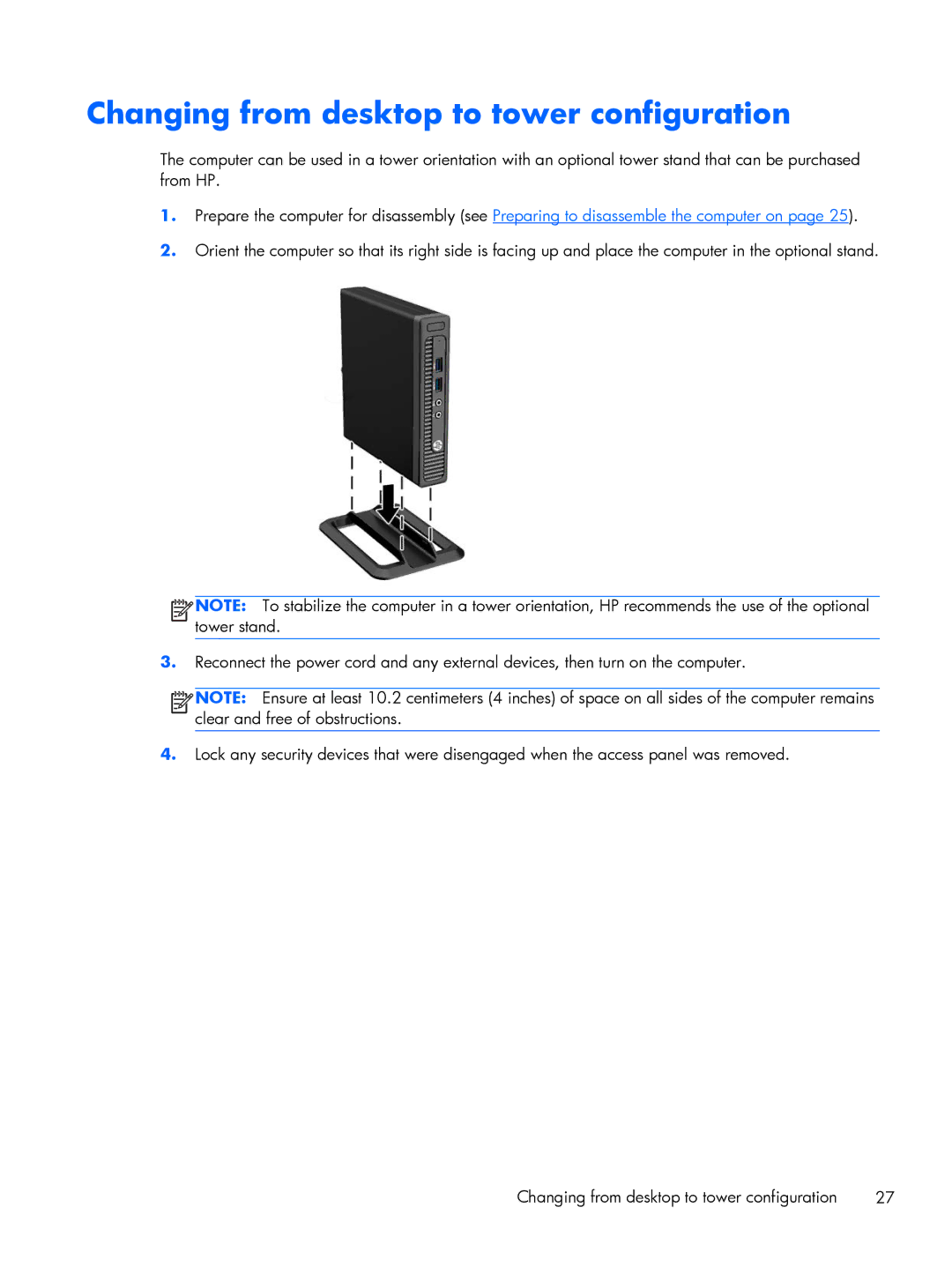 HP 800 G1 manual Changing from desktop to tower configuration 