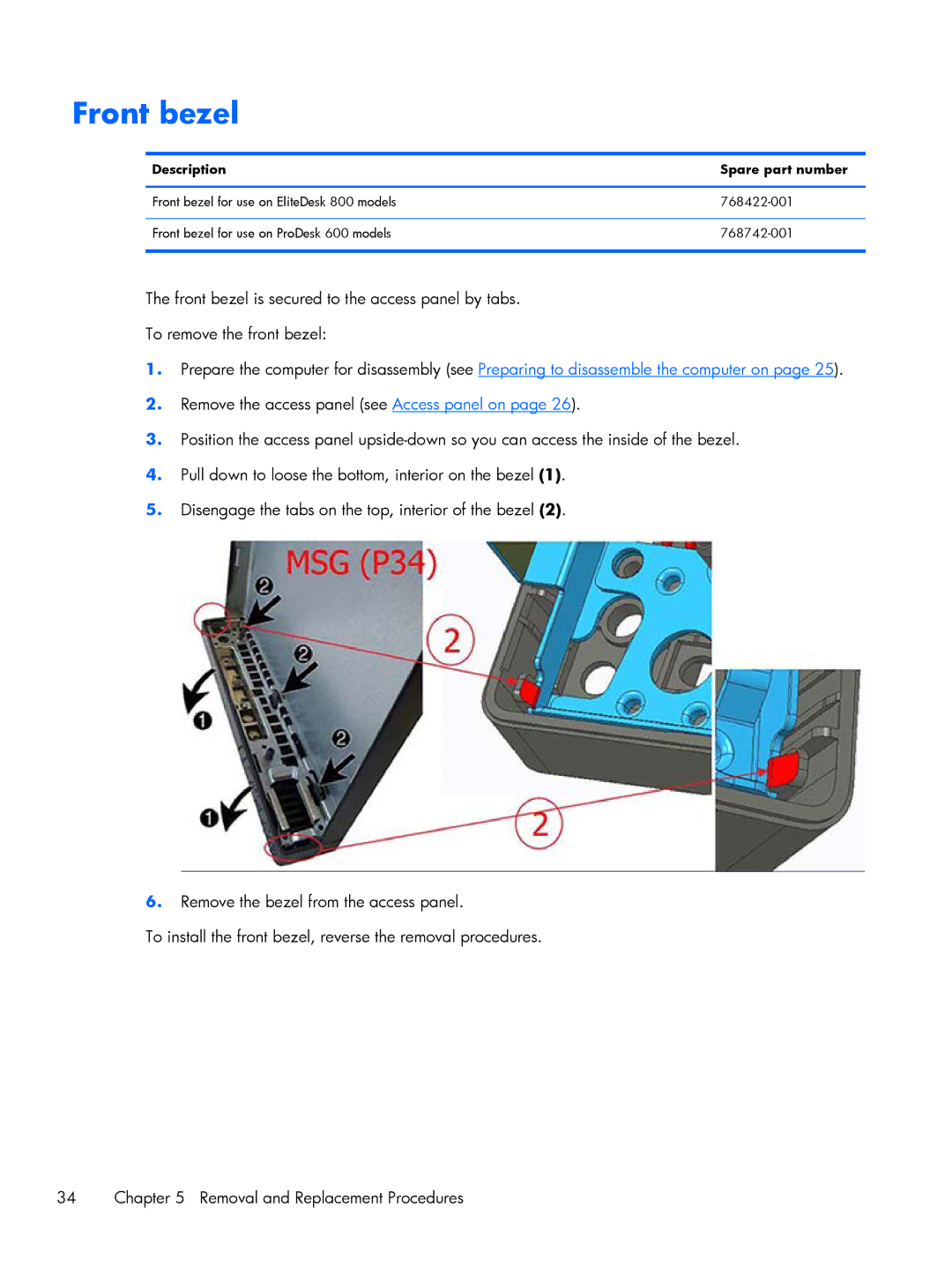 HP 800 G1 manual Front bezel, Description Spare part number 