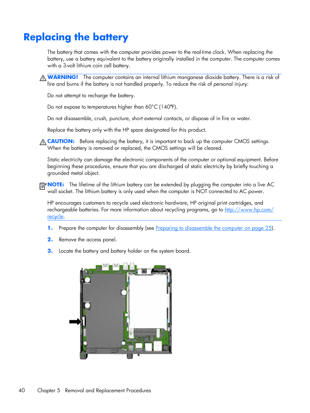 HP 800 G1 manual Replacing the battery 