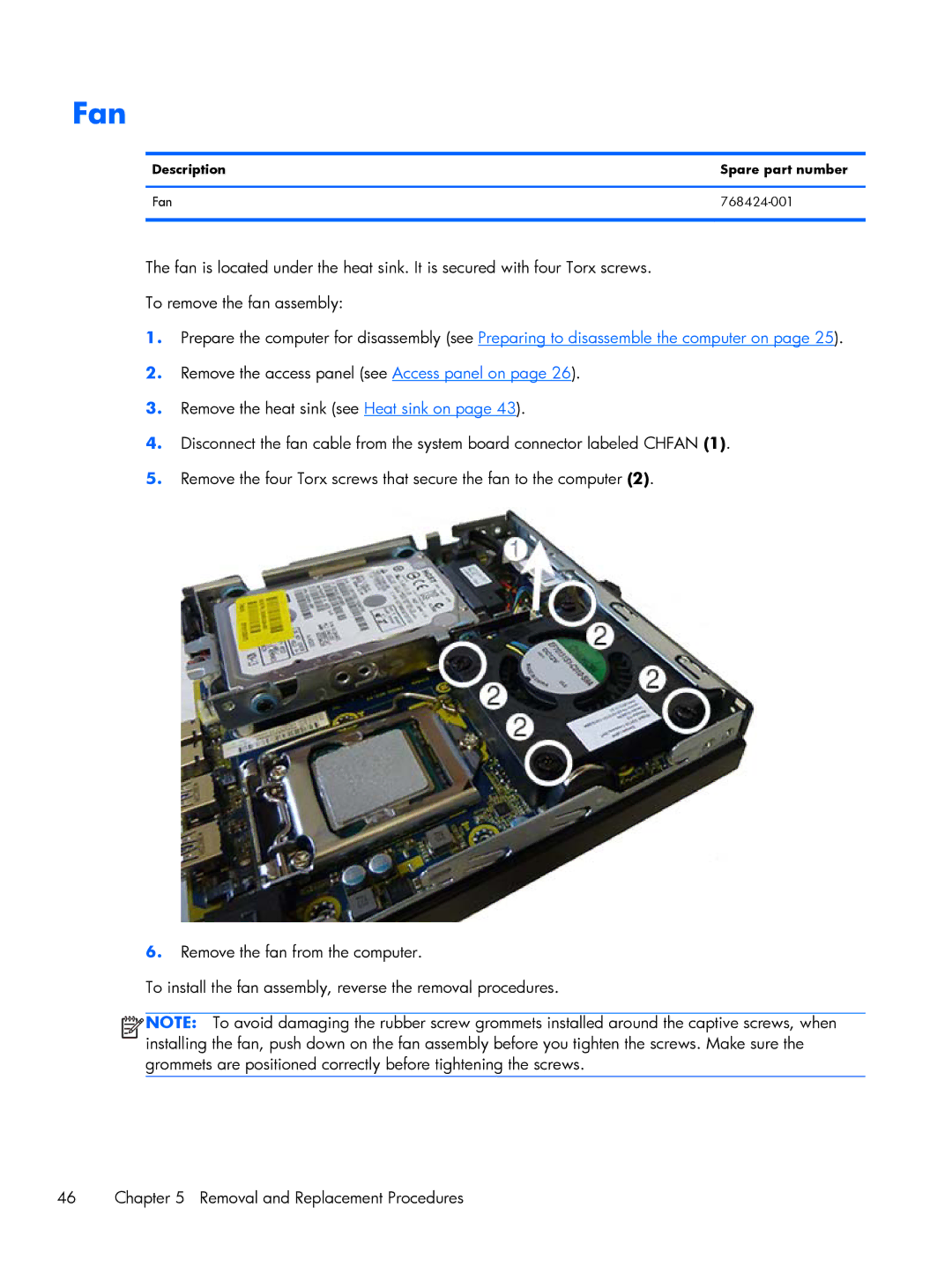 HP 800 G1 manual Description Spare part number Fan 768424-001 