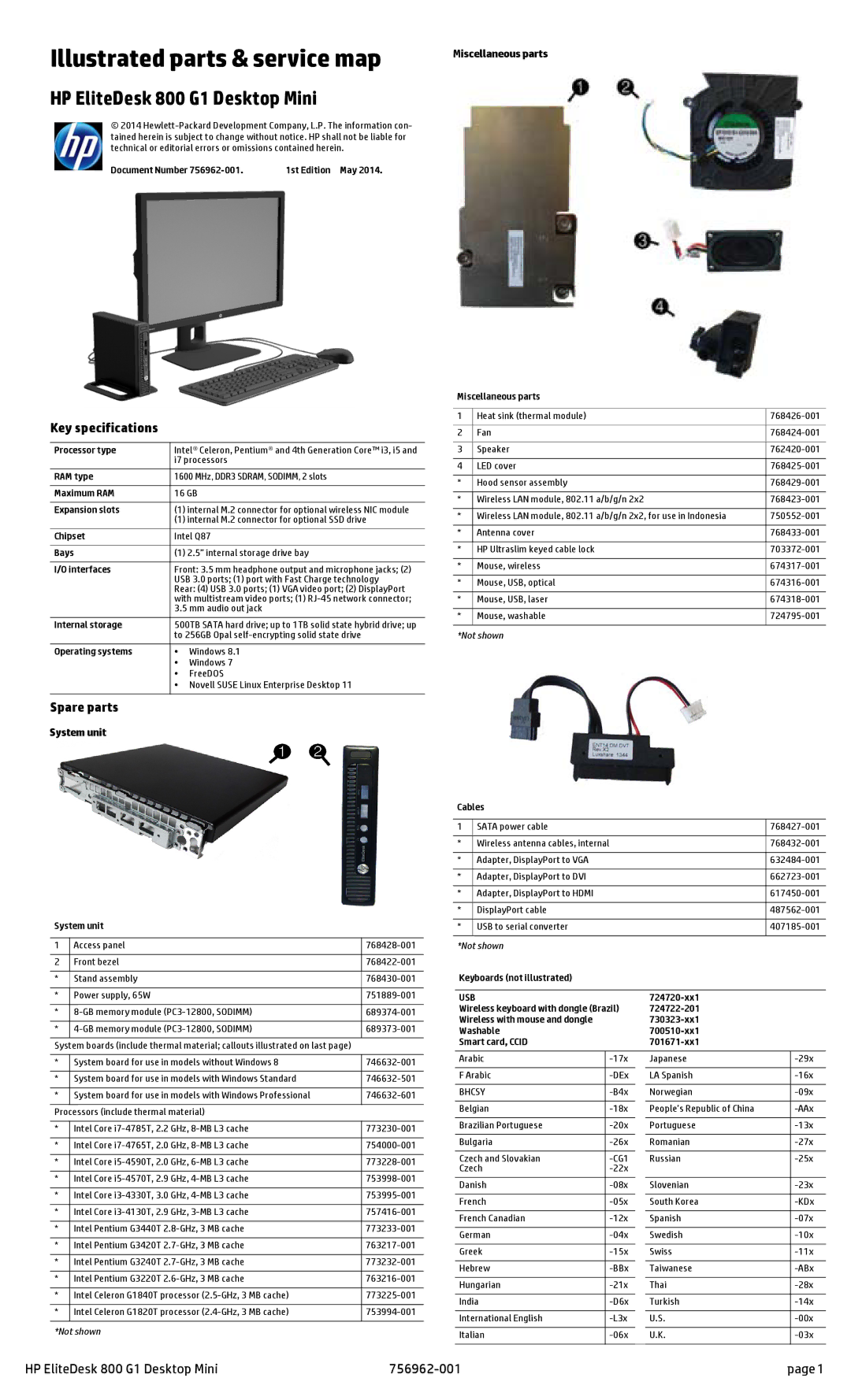 HP 800 G1 manual Key specifications, Spare parts, System unit, Miscellaneous parts 