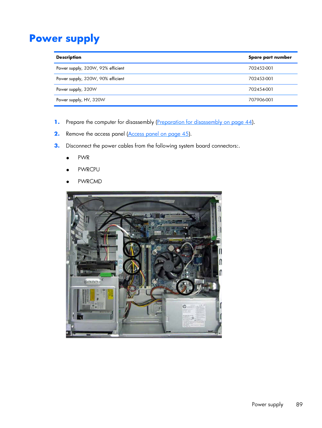 HP 800 G1 manual Power supply, PWR Pwrcpu Pwrcmd 