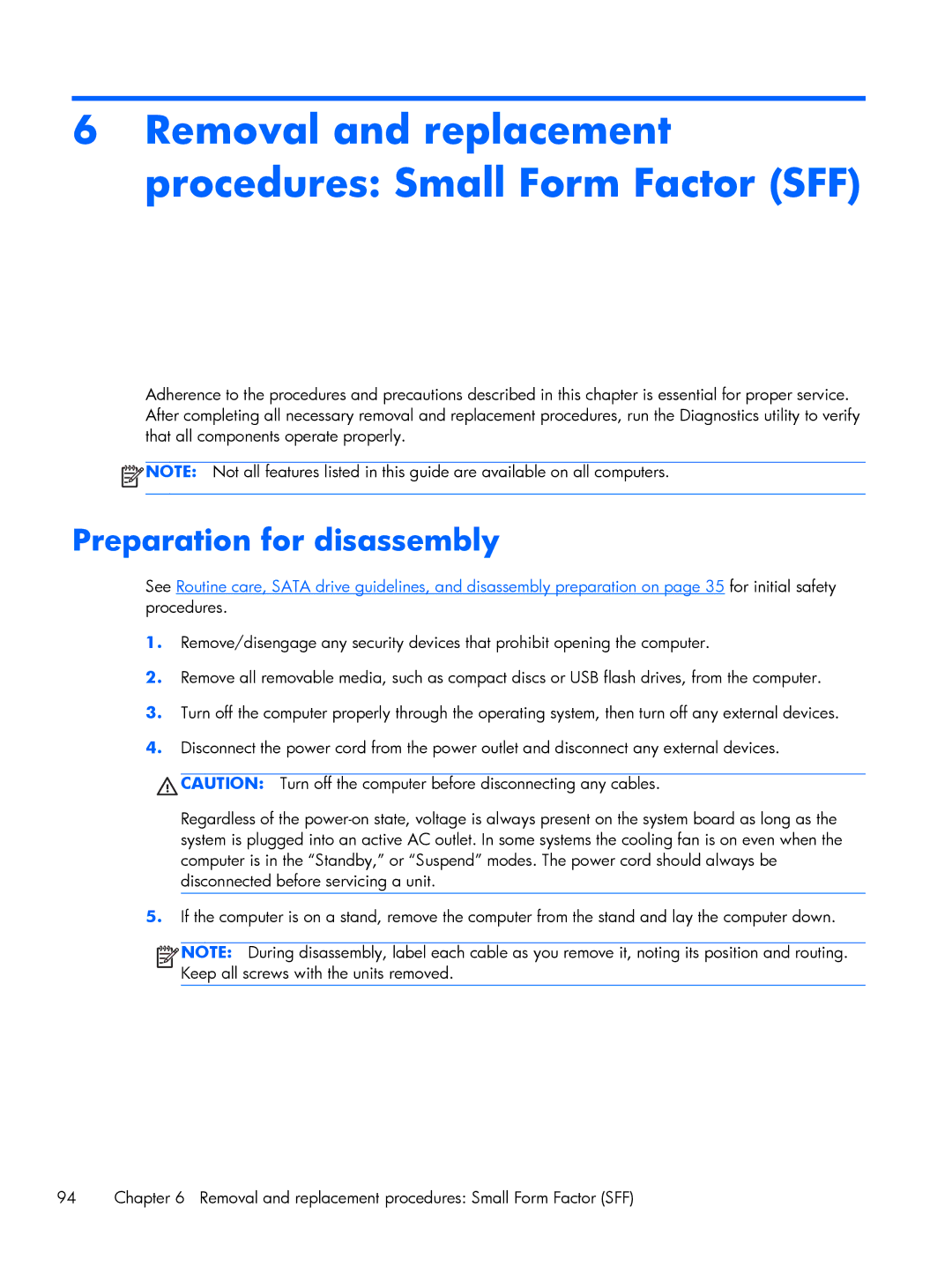 HP 800 G1 manual Removal and replacement procedures Small Form Factor SFF 