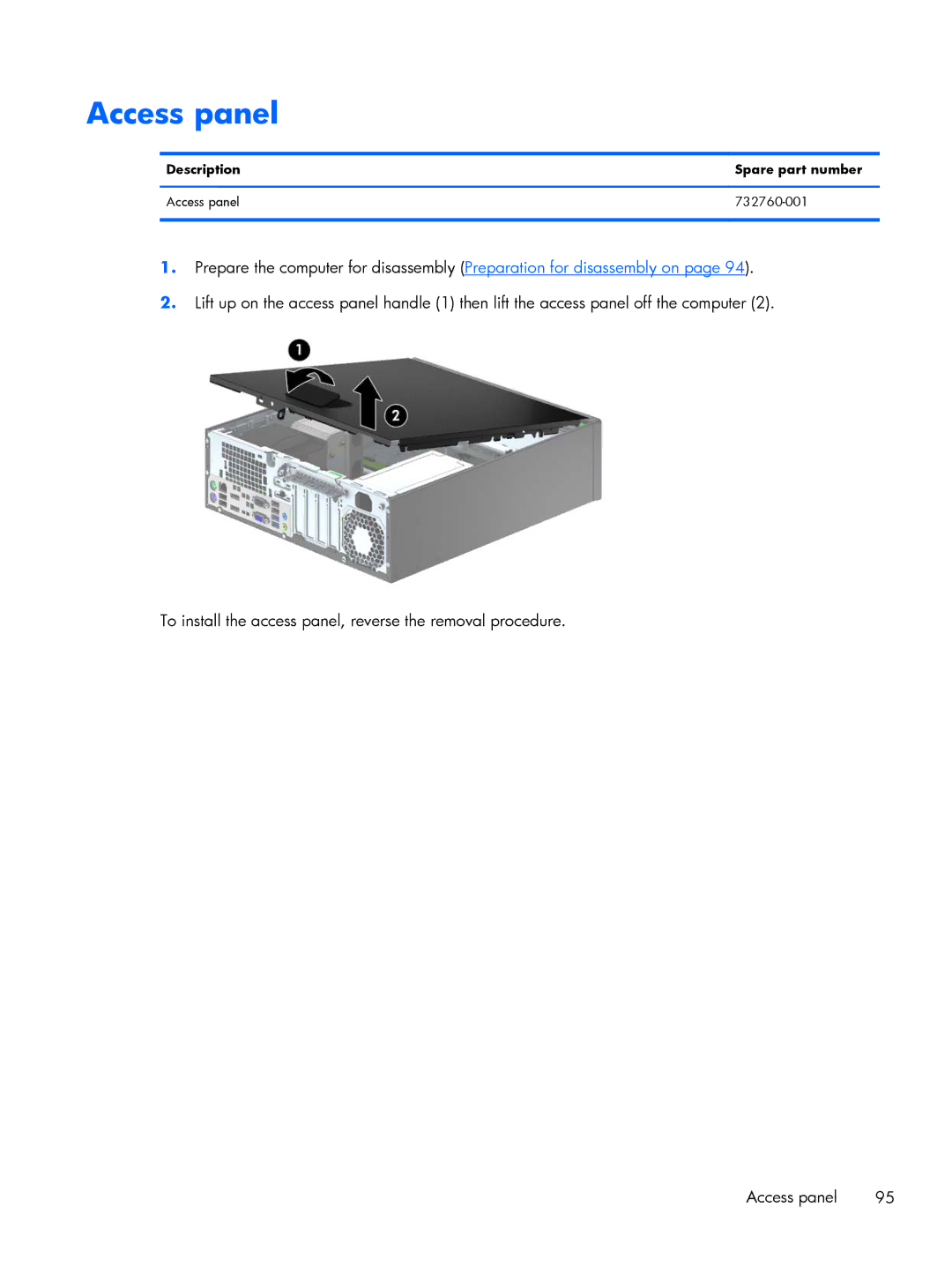 HP 800 G1 manual Description Spare part number Access panel 732760-001 