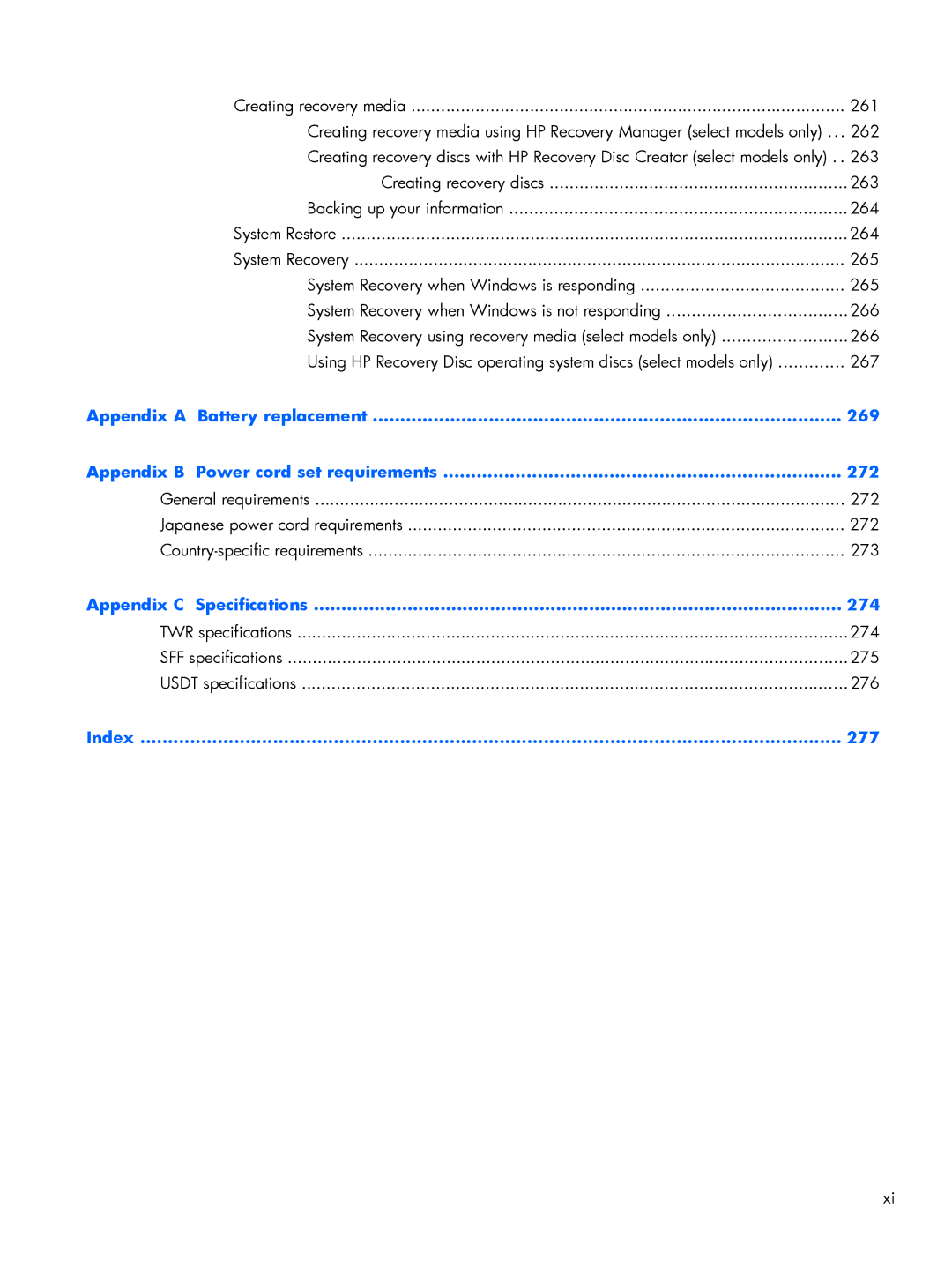 HP 800 G1 manual Appendix C Specifications 274 