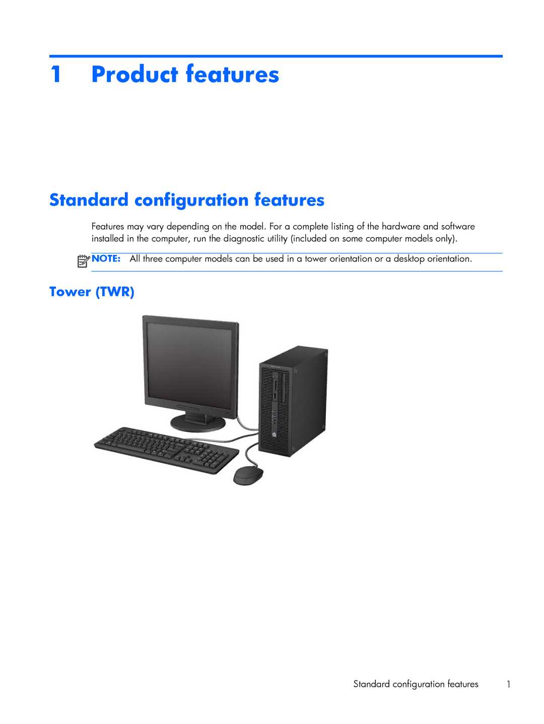 HP 800 G1 manual Standard configuration features, Tower TWR 