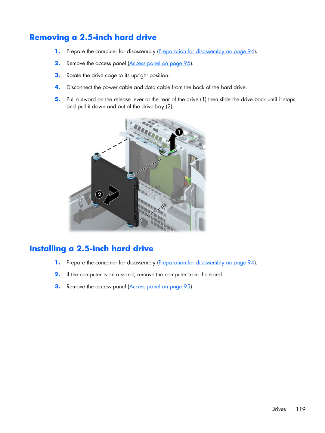 HP 800 G1 manual Removing a 2.5-inch hard drive, Installing a 2.5-inch hard drive 