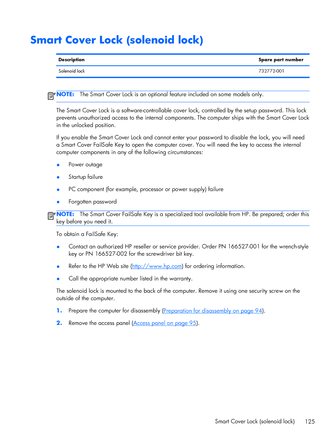 HP 800 G1 manual Smart Cover Lock solenoid lock, Description Spare part number Solenoid lock 732772-001 