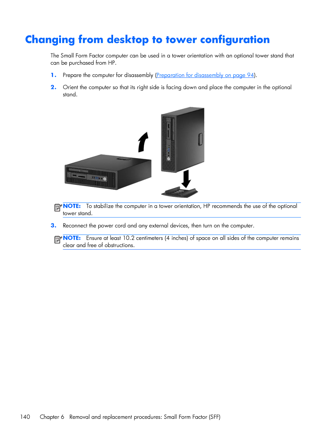 HP 800 G1 manual Changing from desktop to tower configuration 