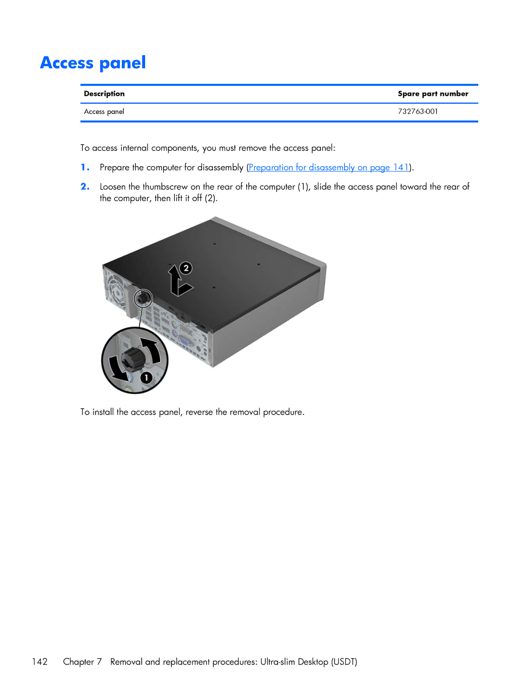 HP 800 G1 manual Description Spare part number Access panel 732763-001 