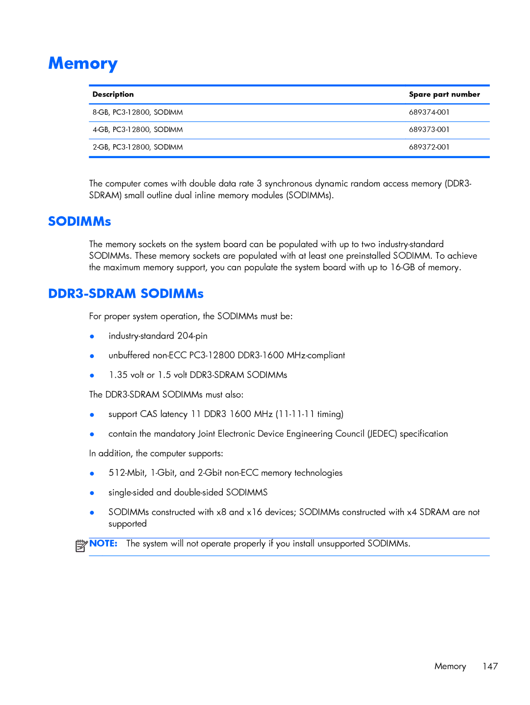 HP 800 G1 manual DDR3-SDRAM SODIMMs 