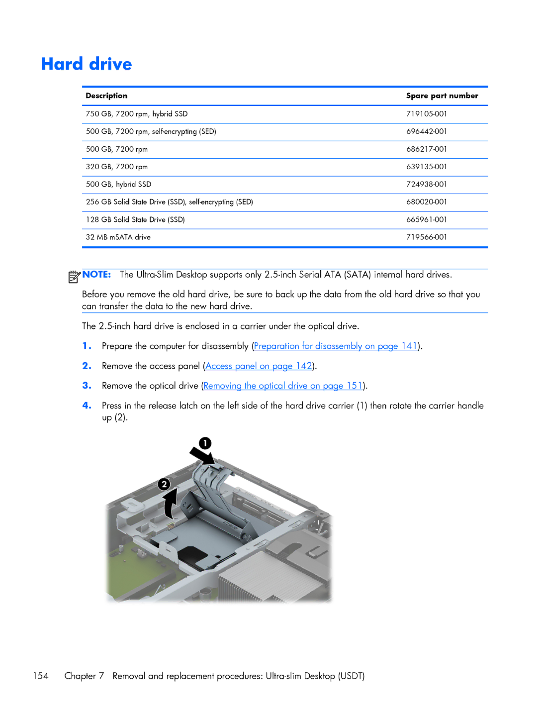 HP 800 G1 manual Hard drive, Remove the optical drive Removing the optical drive on 