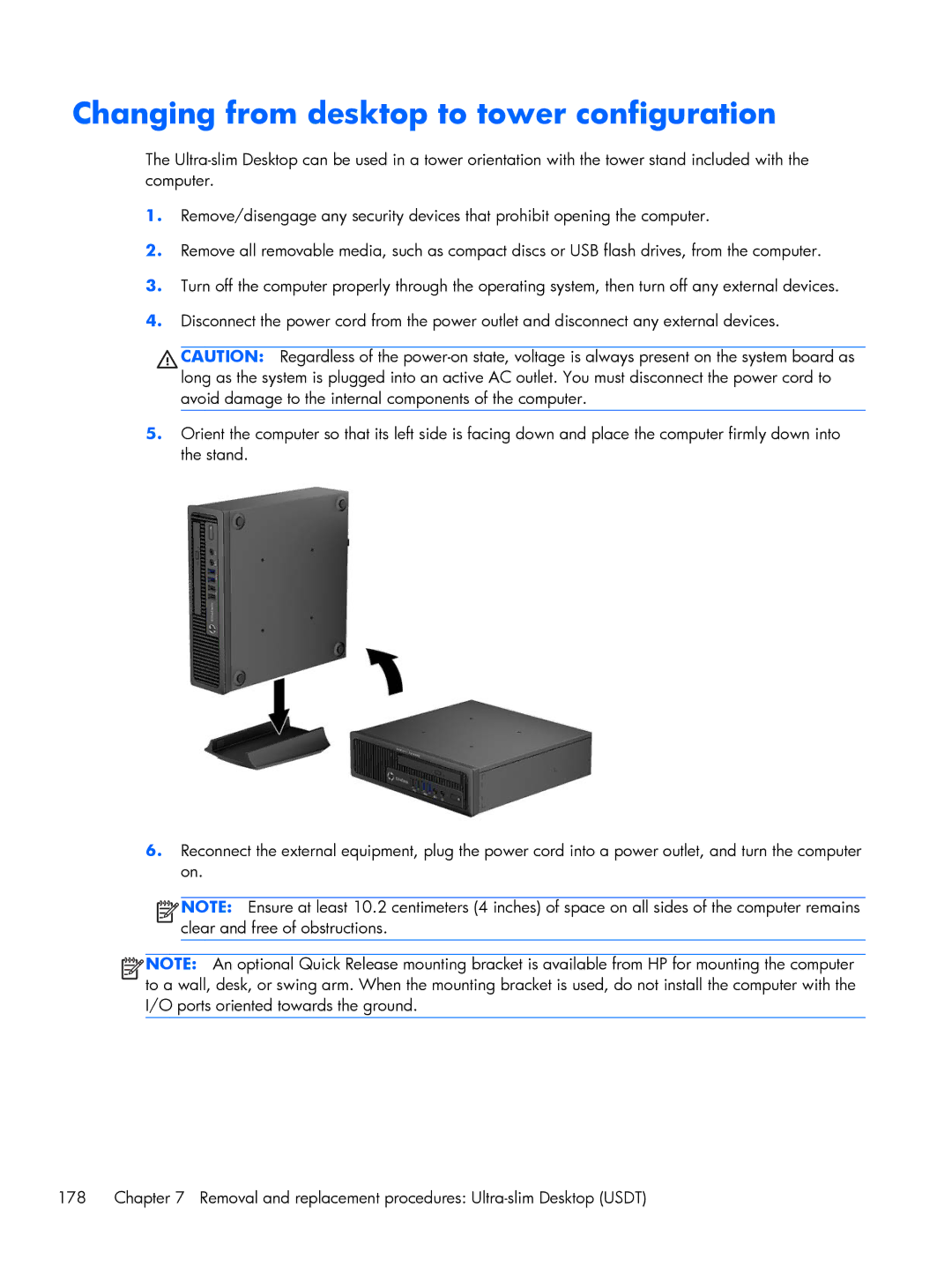 HP 800 G1 manual Changing from desktop to tower configuration 