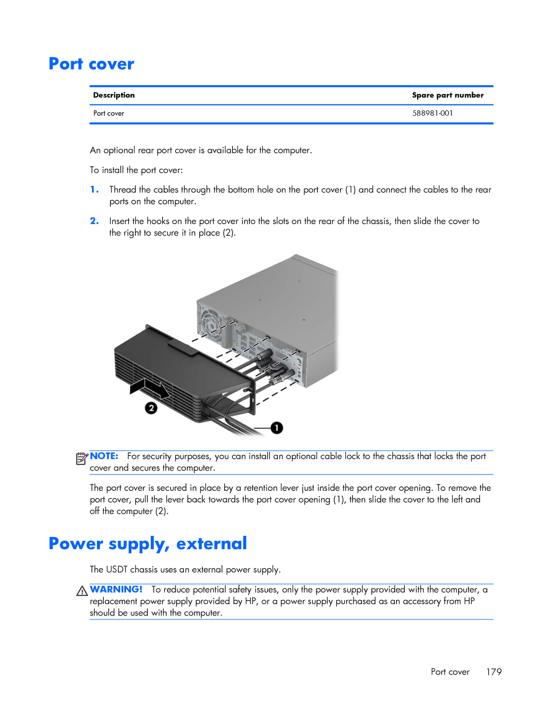 HP 800 G1 manual Power supply, external, Usdt chassis uses an external power supply Port cover 