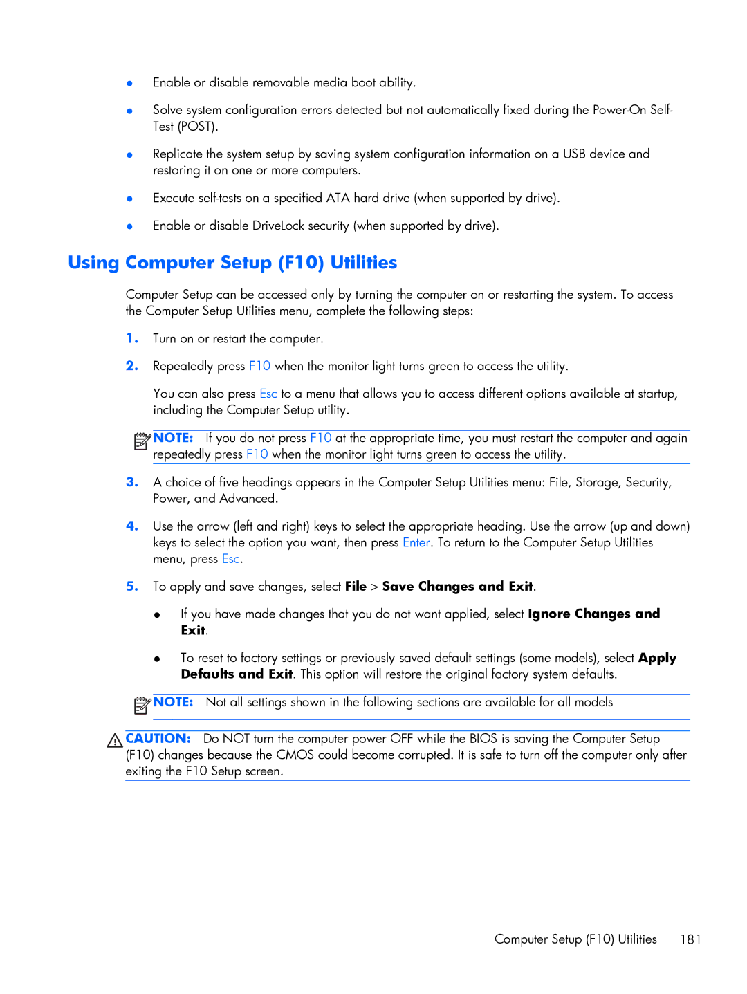 HP 800 G1 manual Using Computer Setup F10 Utilities 