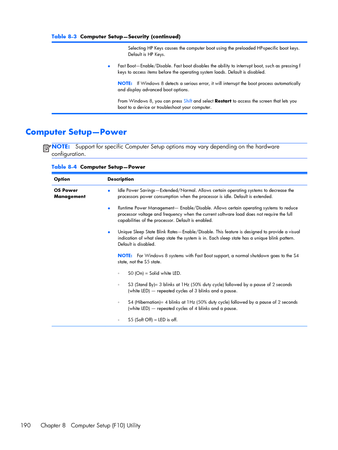 HP 800 G1 manual Computer Setup-Power, Option Description OS Power, Management 