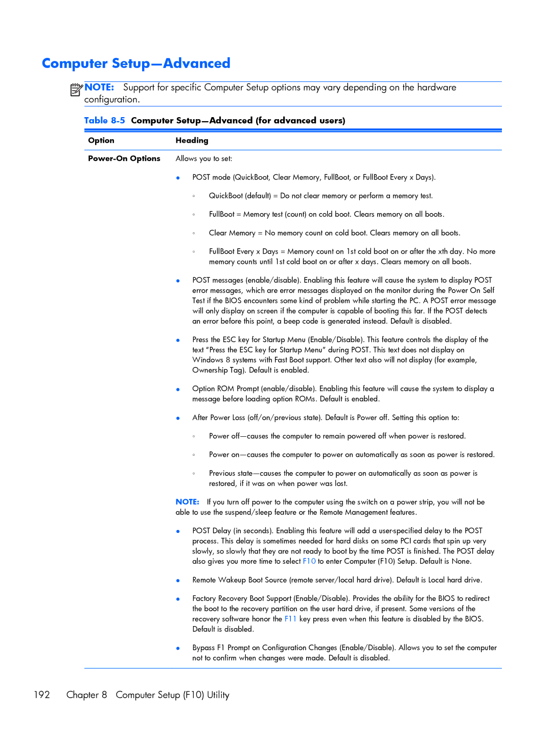 HP 800 G1 manual Computer Setup-Advanced, Option Heading Power-On Options 