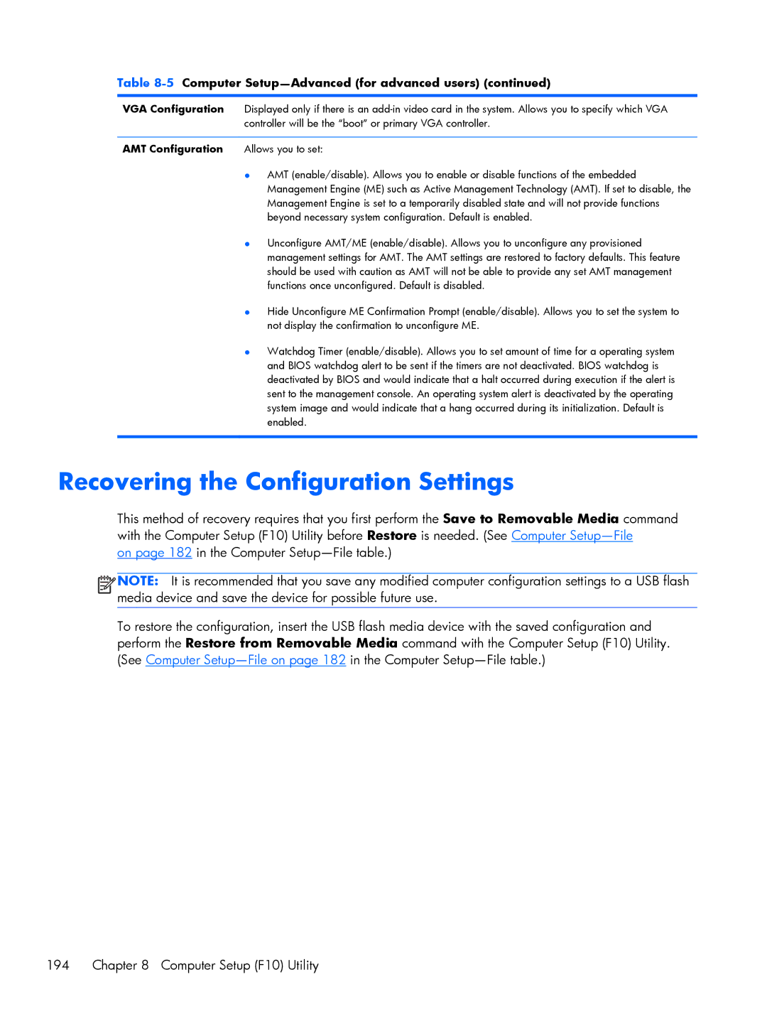 HP 800 G1 manual Recovering the Configuration Settings, VGA Configuration, AMT Configuration 