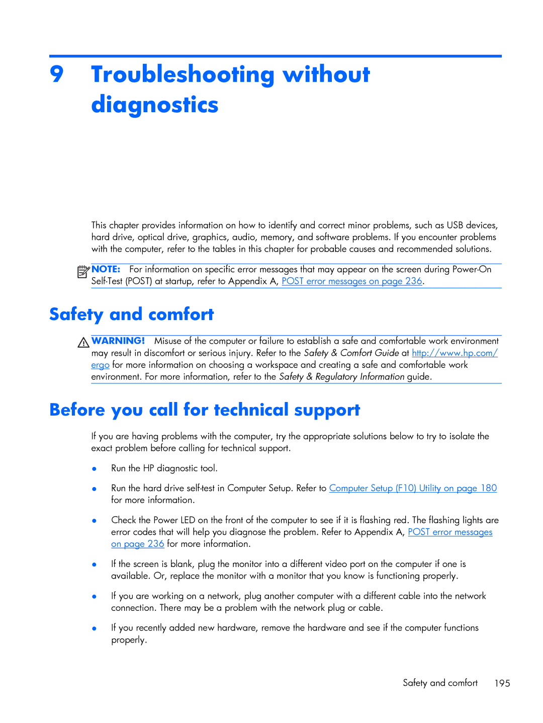 HP 800 G1 manual Troubleshooting without diagnostics, Safety and comfort Before you call for technical support 