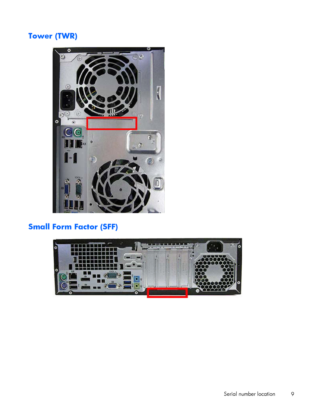 HP 800 G1 manual Tower TWR Small Form Factor SFF, Serial number location 