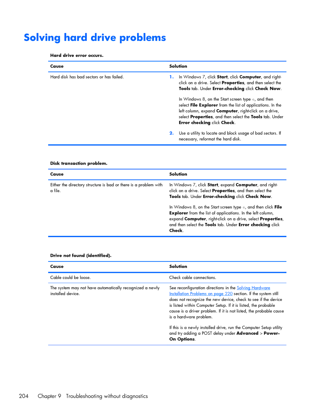 HP 800 G1 manual Solving hard drive problems, Troubleshooting without diagnostics 