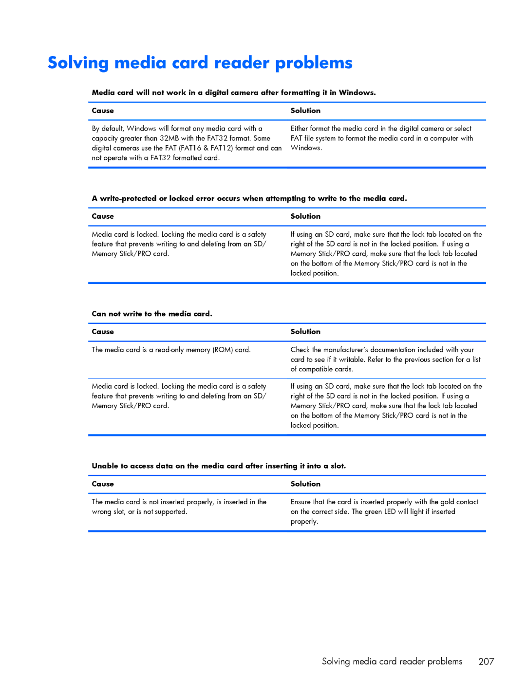 HP 800 G1 manual Solving media card reader problems 207, Can not write to the media card Cause Solution 