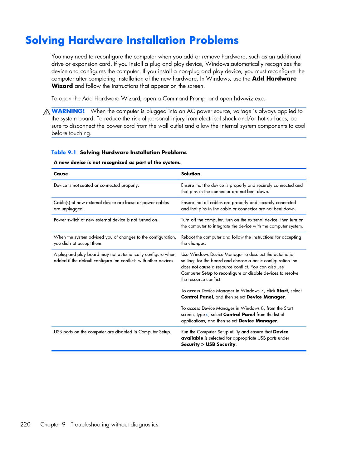 HP 800 G1 manual Solving Hardware Installation Problems, Troubleshooting without diagnostics, Security USB Security 