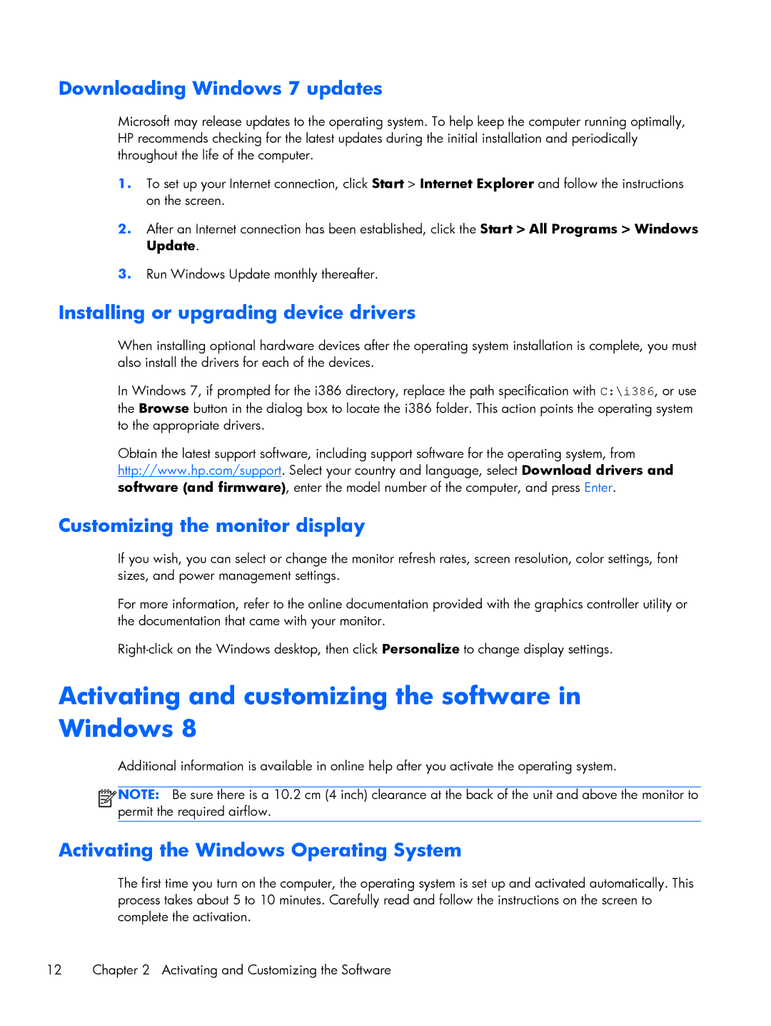 HP 800 G1 manual Downloading Windows 7 updates, Installing or upgrading device drivers, Customizing the monitor display 