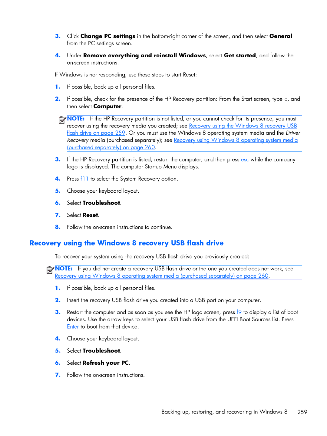 HP 800 G1 manual Recovery using the Windows 8 recovery USB flash drive 