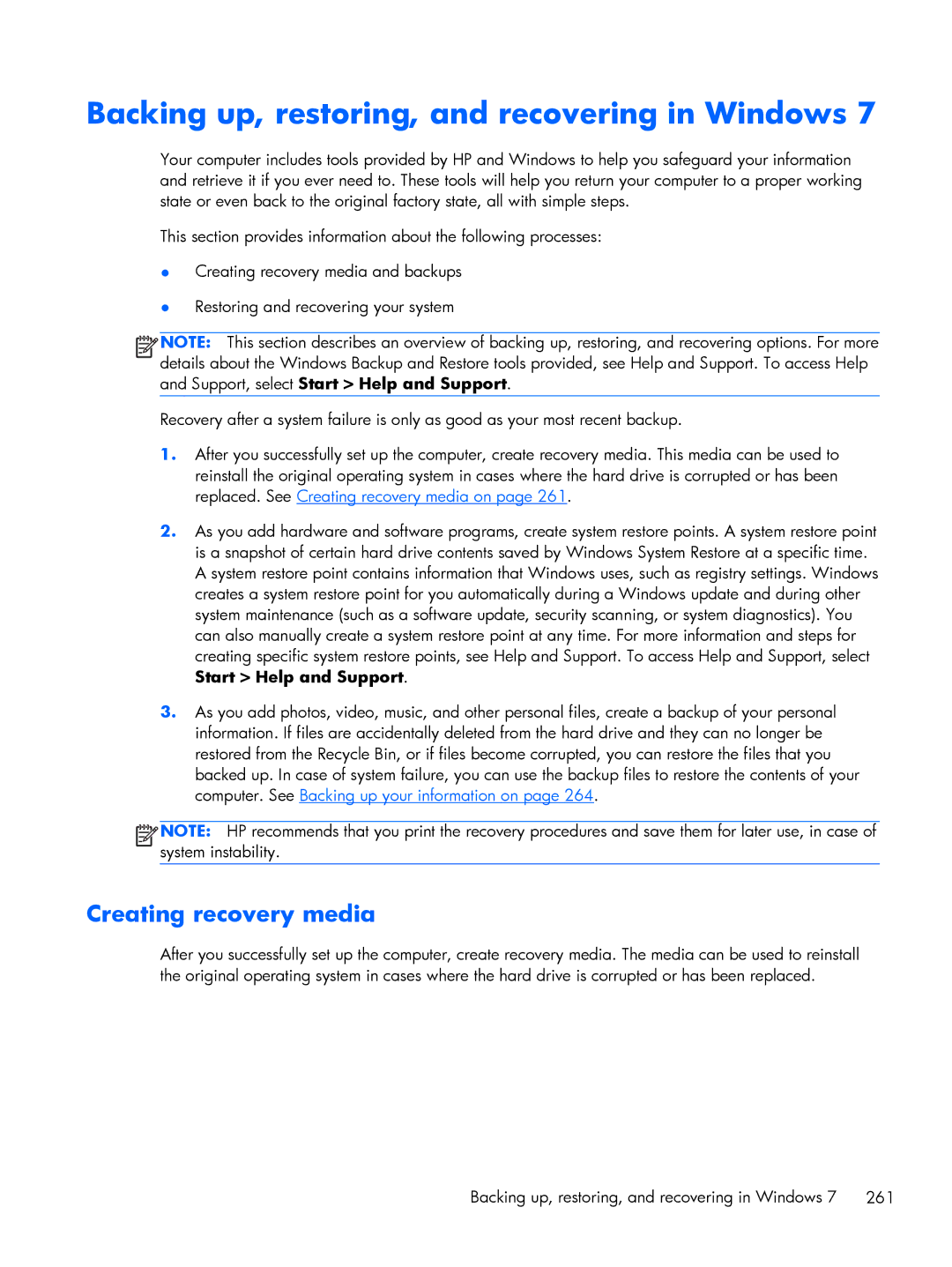 HP 800 G1 manual Creating recovery media, Backing up, restoring, and recovering in Windows 7 