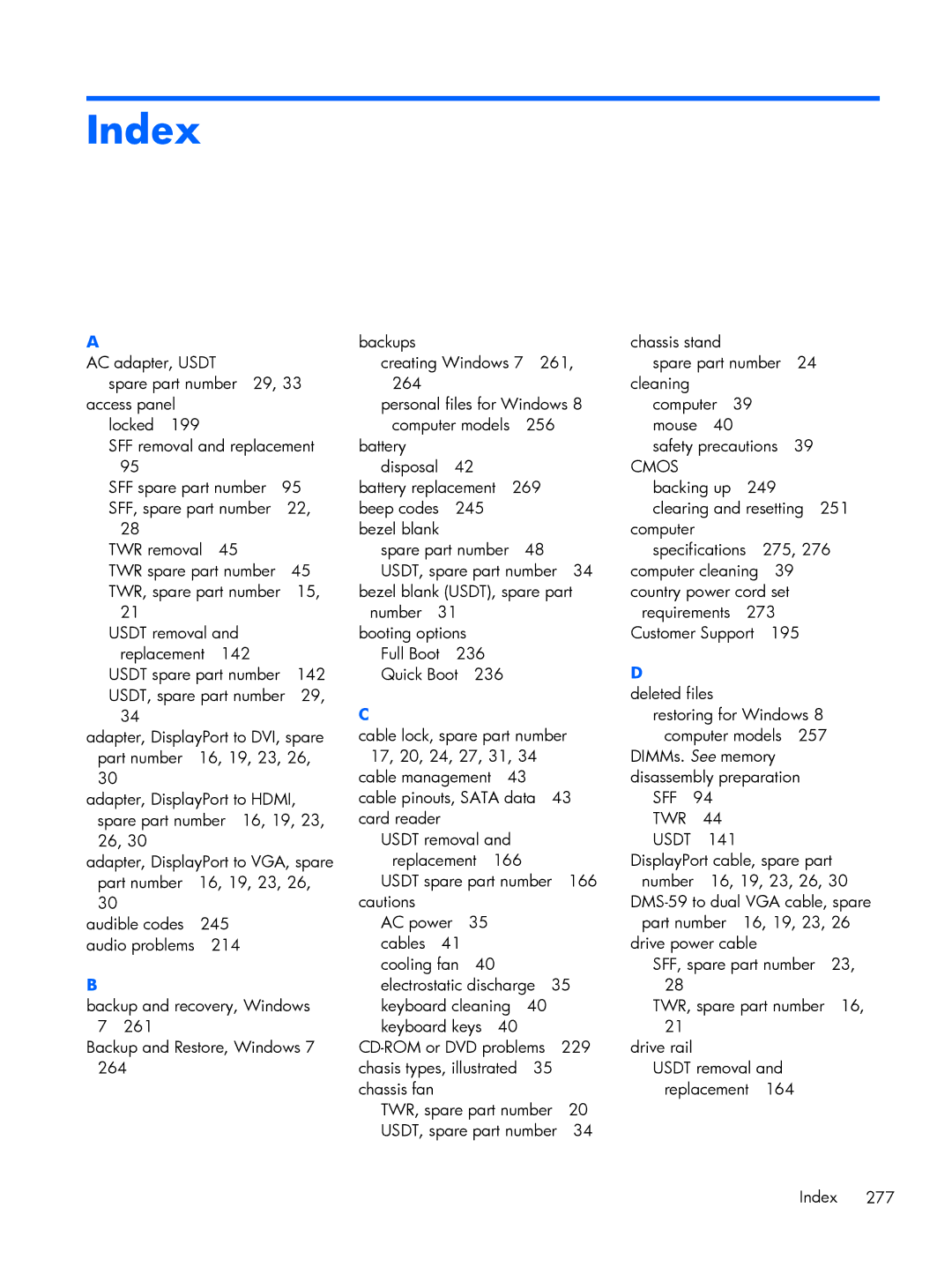 HP 800 G1 manual Index 