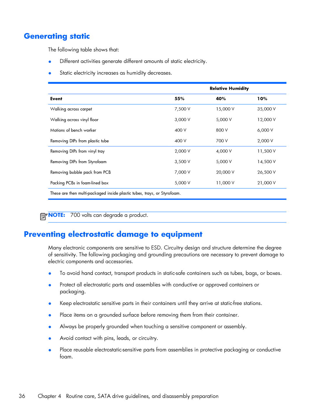 HP 800 G1 manual Generating static, Preventing electrostatic damage to equipment, Relative Humidity Event 55% 40% 10% 
