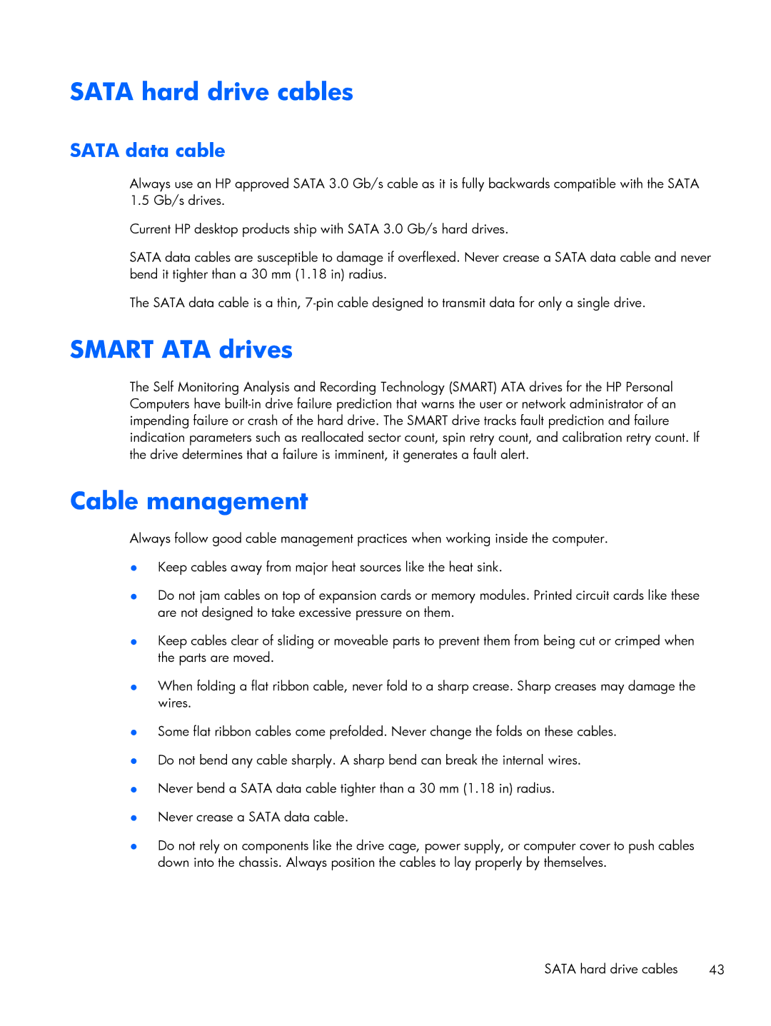 HP 800 G1 manual Sata hard drive cables, Smart ATA drives, Cable management, Sata data cable 