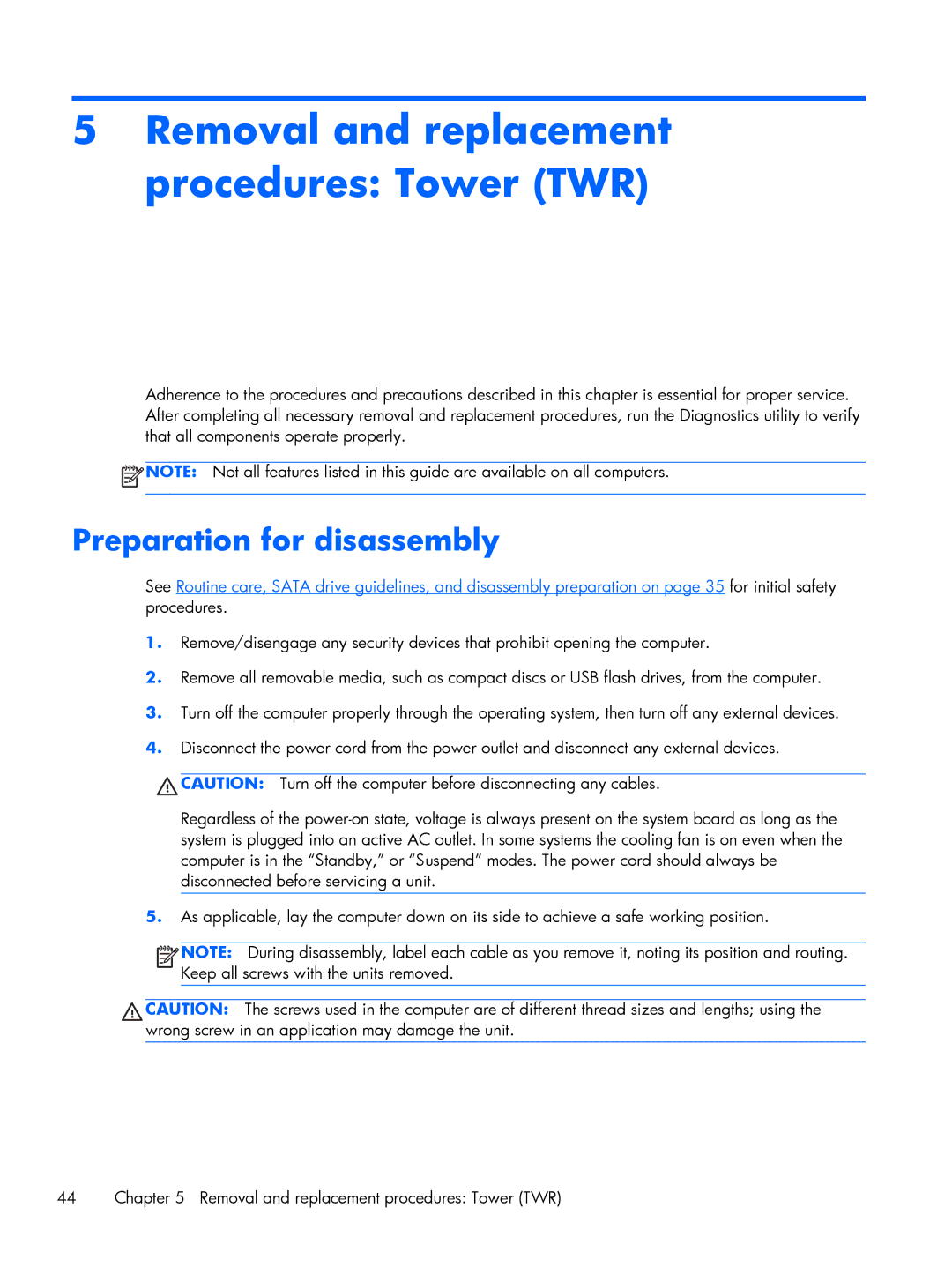 HP 800 G1 manual Removal and replacement procedures Tower TWR, Preparation for disassembly 