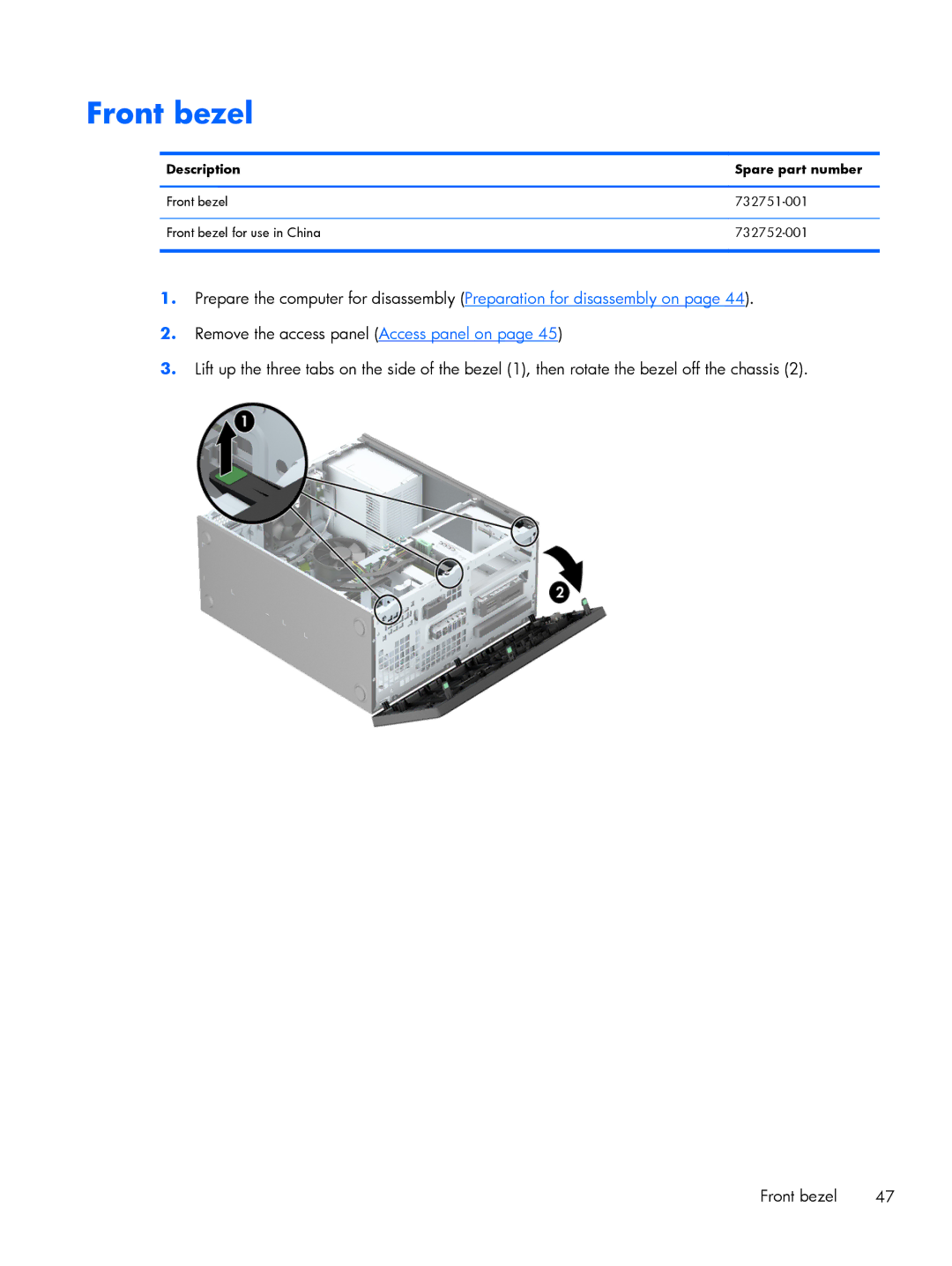 HP 800 G1 manual Front bezel, Description Spare part number 