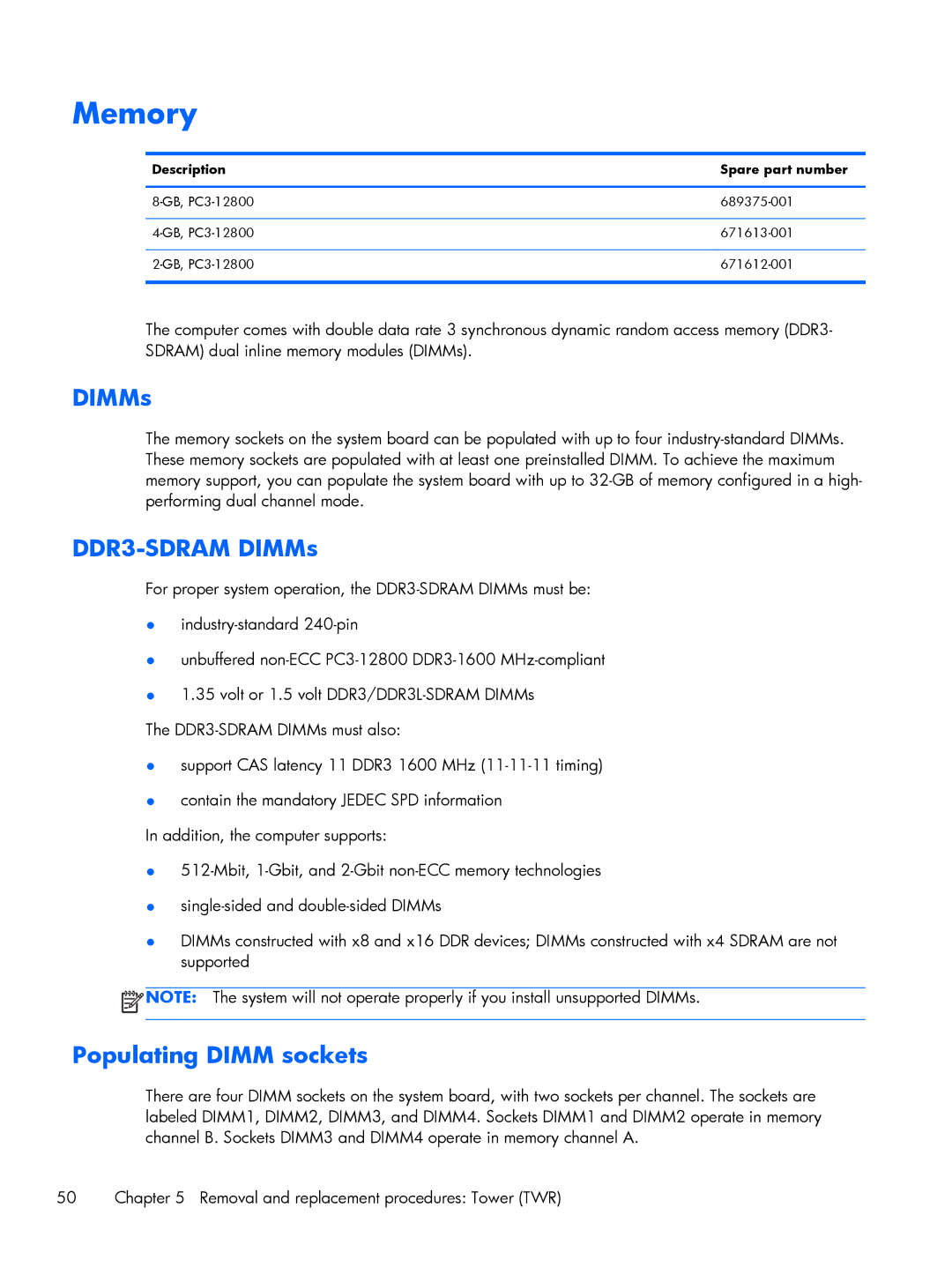 HP 800 G1 manual Memory, DDR3-SDRAM DIMMs, Populating Dimm sockets 