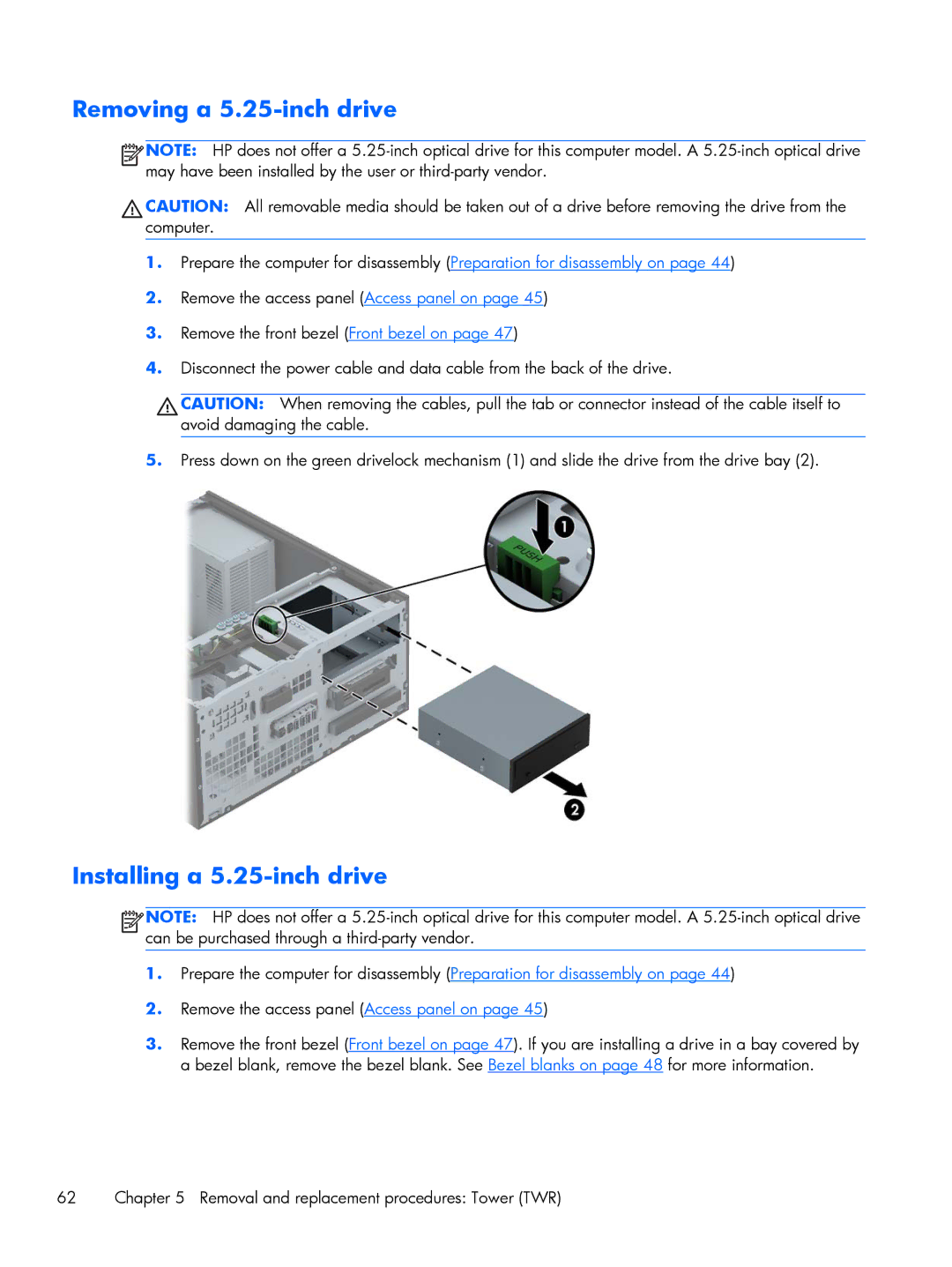 HP 800 G1 manual Removing a 5.25-inch drive, Installing a 5.25-inch drive 