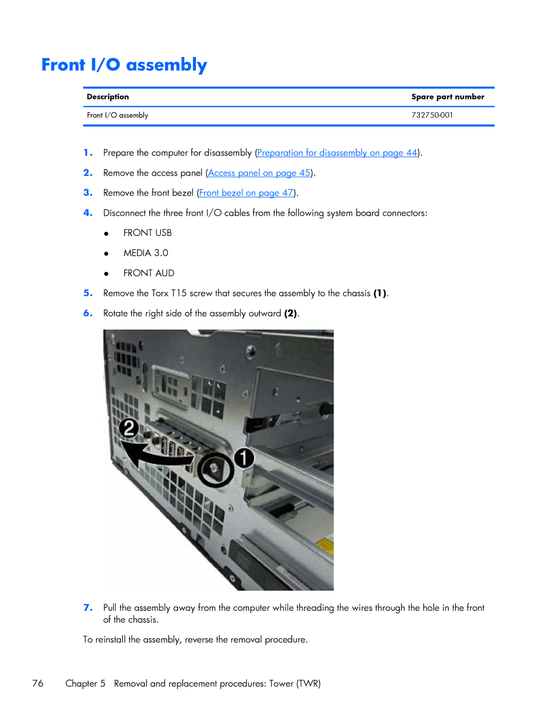 HP 800 G1 manual Media, Description Spare part number Front I/O assembly 732750-001 