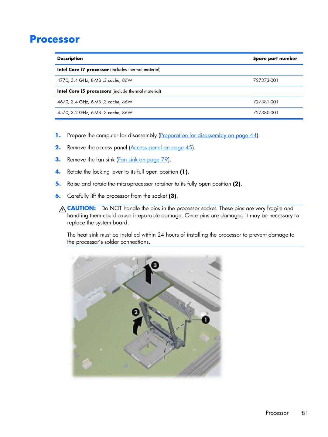 HP 800 G1 manual Processor, Description Spare part number 