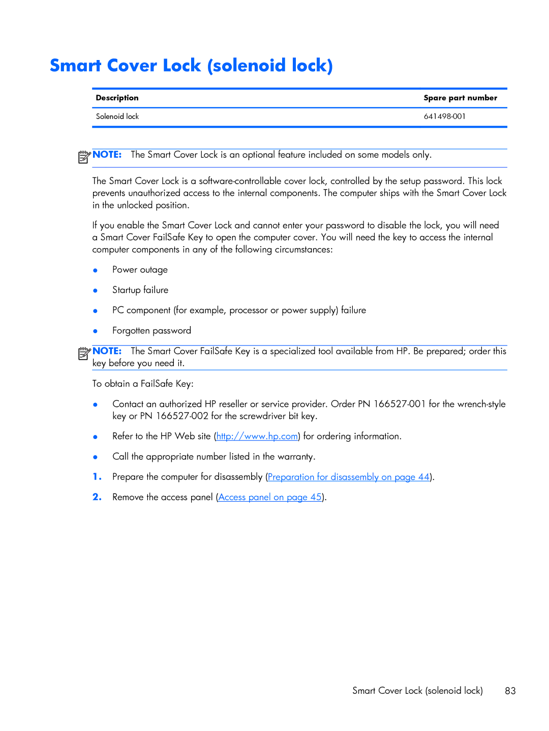 HP 800 G1 manual Smart Cover Lock solenoid lock, Description Spare part number Solenoid lock 641498-001 