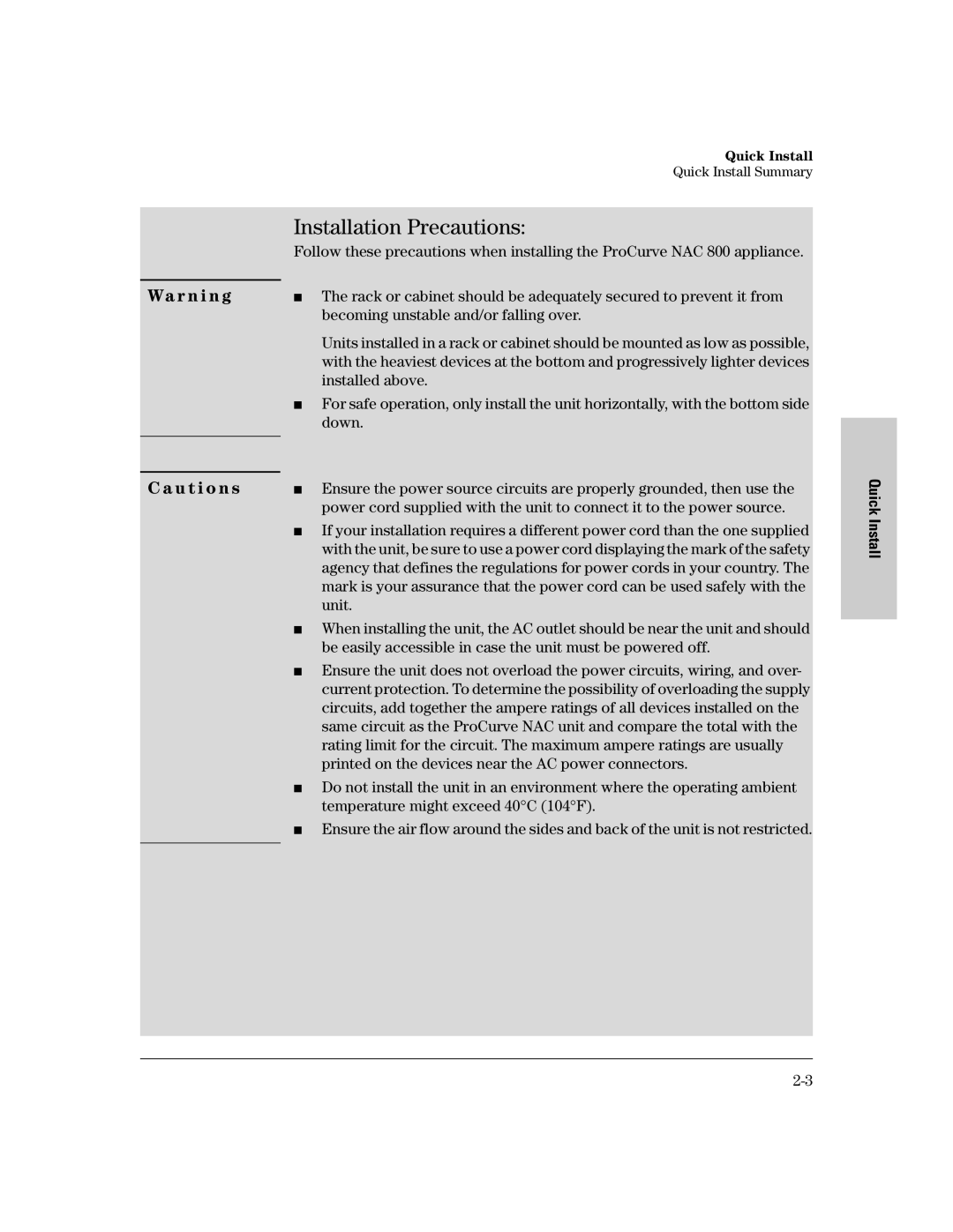 HP 800 Network Access Controller manual Installation Precautions 