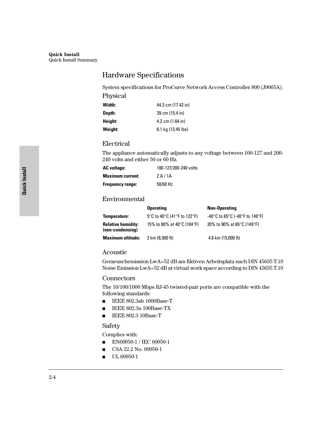 HP 800 Network Access Controller manual Hardware Specifications 