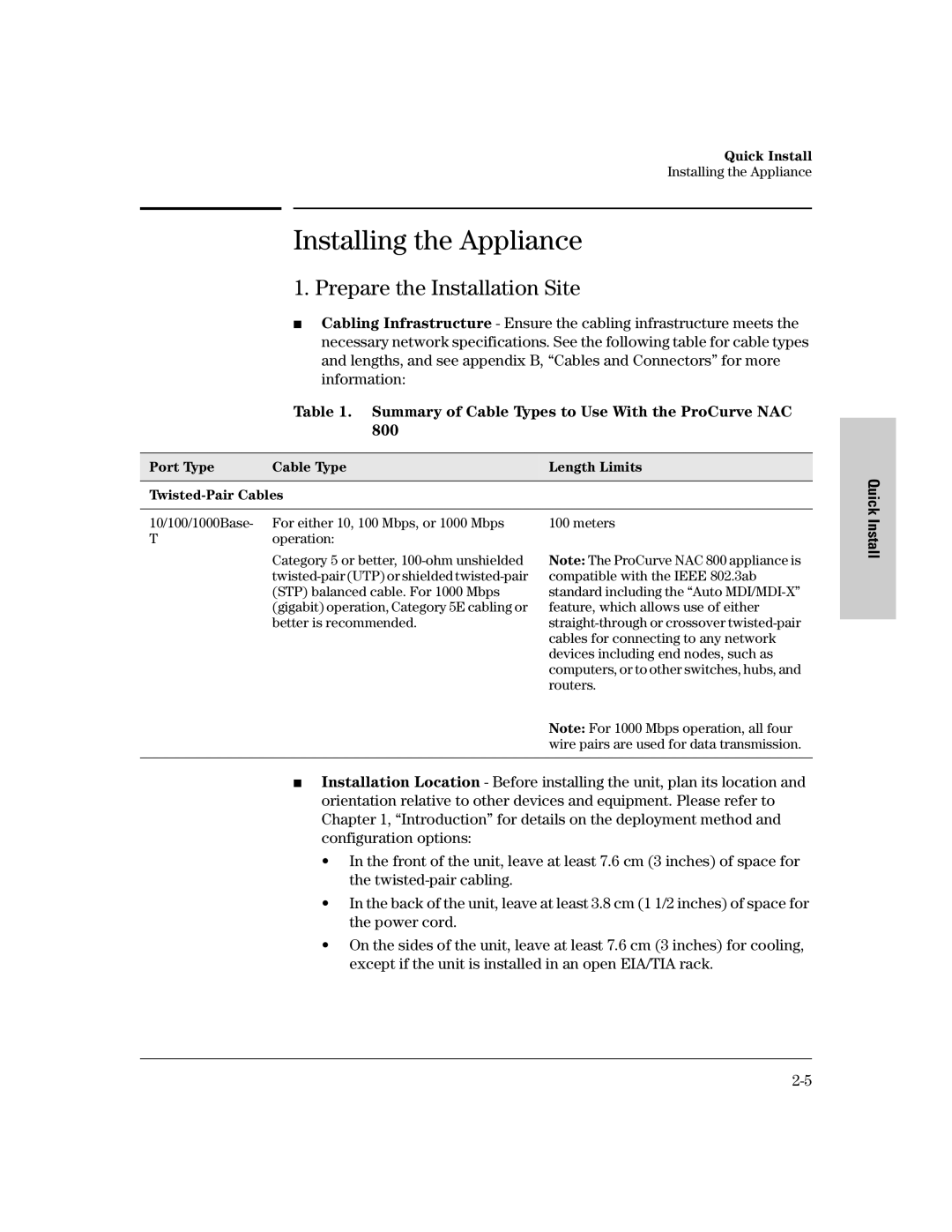 HP 800 Network Access Controller manual Installing the Appliance, Prepare the Installation Site 