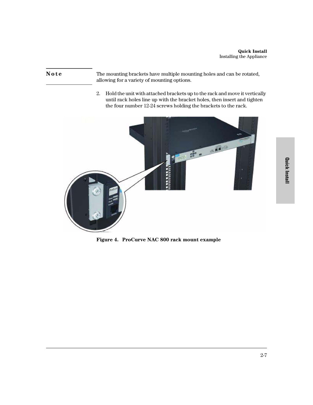 HP 800 Network Access Controller manual ProCurve NAC 800 rack mount example 