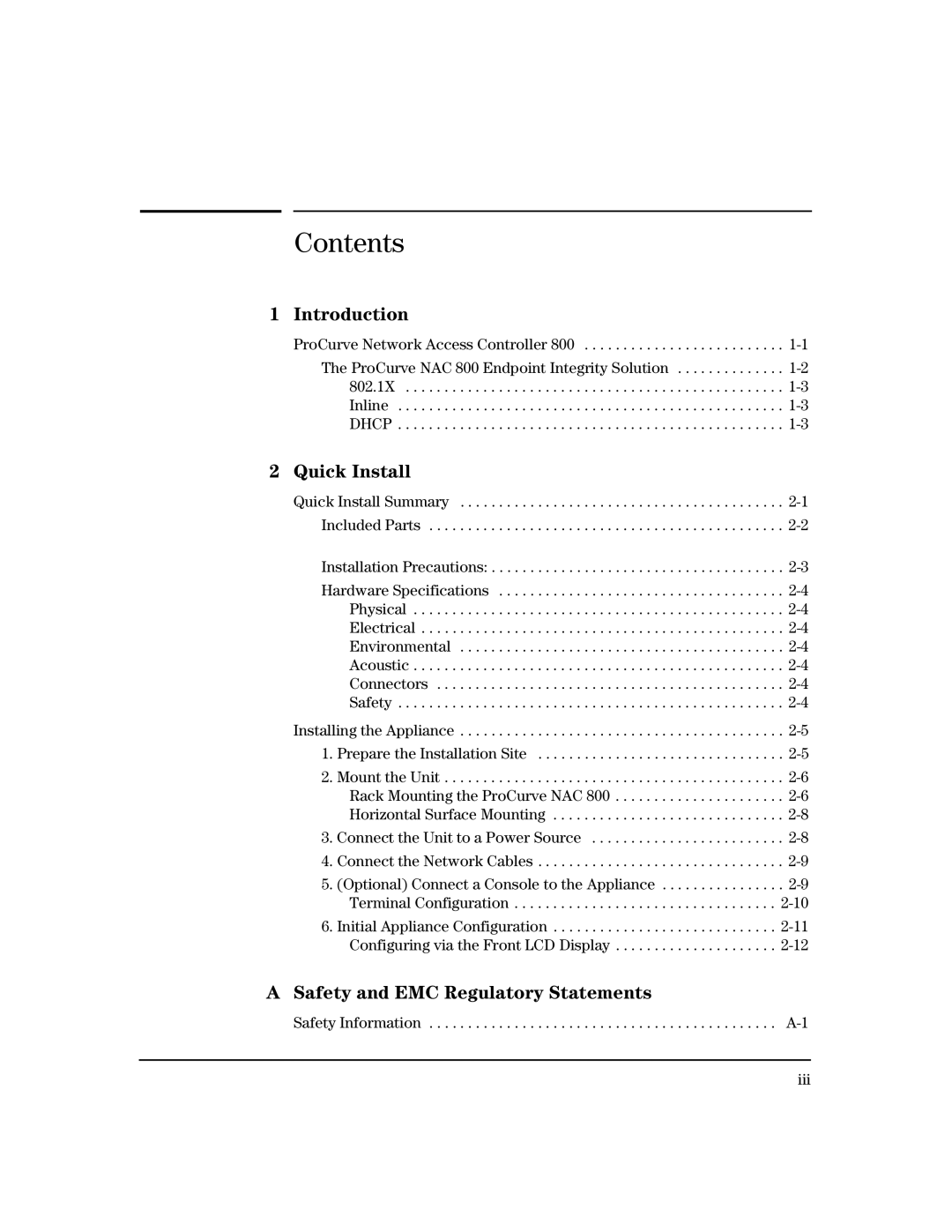 HP 800 Network Access Controller manual Contents 