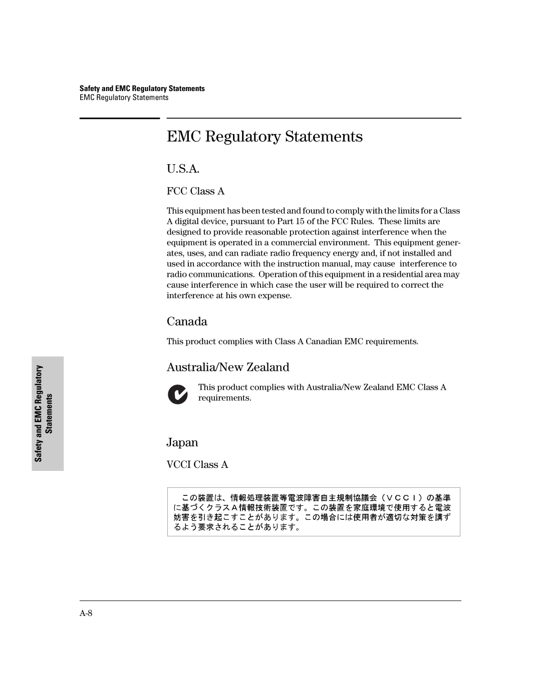 HP 800 Network Access Controller manual EMC Regulatory Statements, Canada, Australia/New Zealand, Japan 