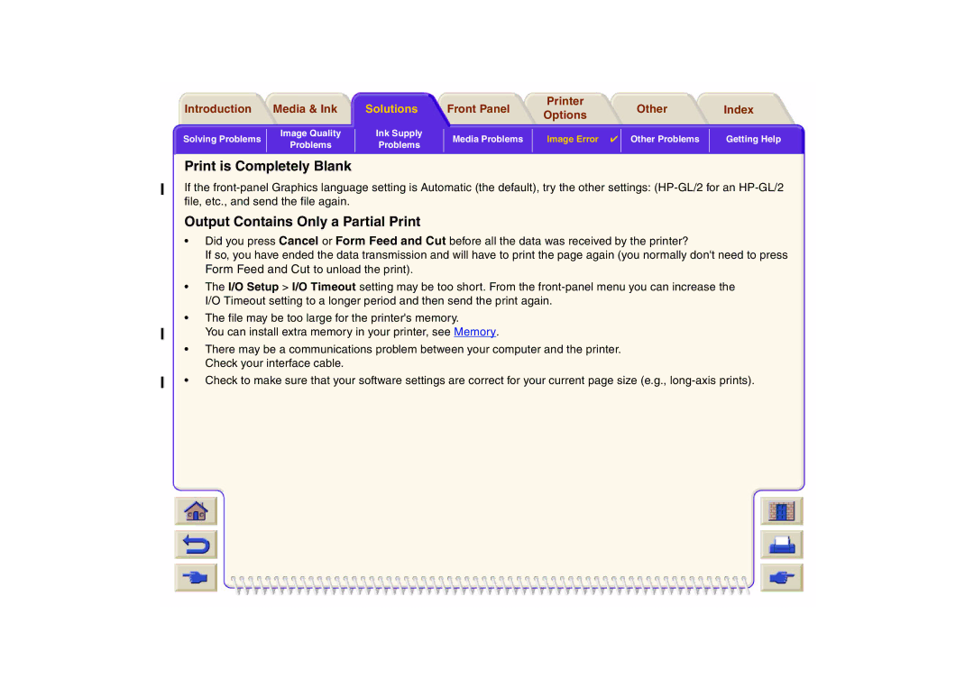 HP 800 manual Print is Completely Blank, Front Panel Options Other Index 