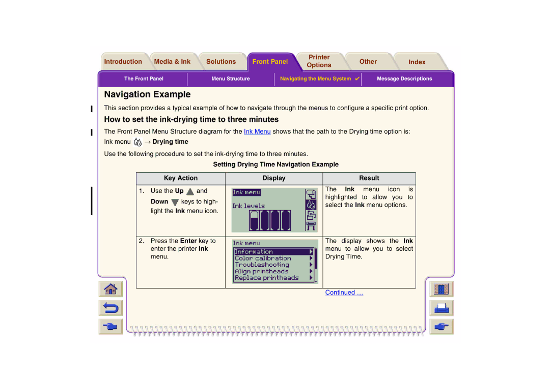 HP 800 manual Navigation Example, How to set the ink-drying time to three minutes 