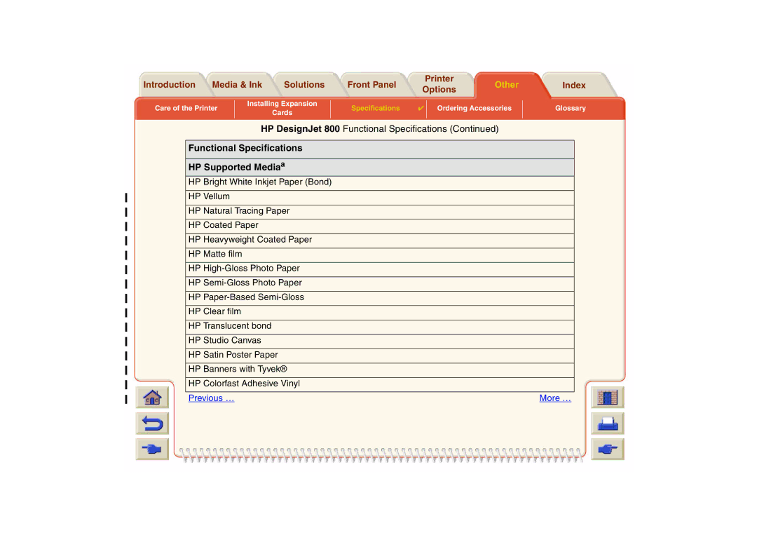 HP 800 manual Functional Specifications HP Supported Media a 