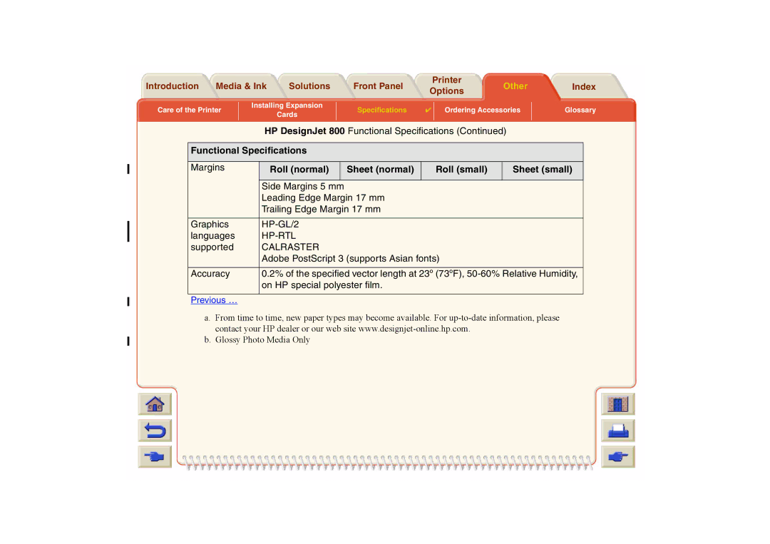 HP 800 manual Margins, Roll normal Sheet normal Roll small Sheet small, Supported, On HP special polyester film 